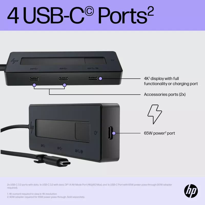 HP 4K USB-C Multiport Hub, USB Type-C, USB Type-C, 10000 Mbit/s, 3840 x 2160, czarny, 65 W