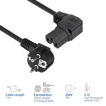 ACT Powercord kabel zasilający CEE 7/7 wtyk (kątowy) - C15 (kątowy prawy) IEC60320 czarny 1,5 m