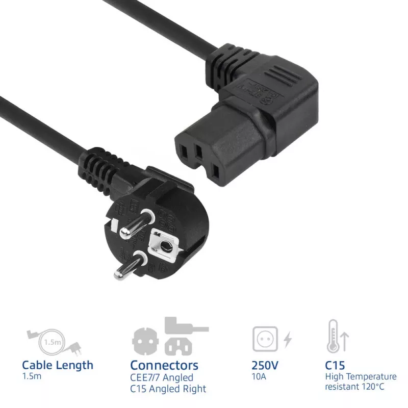ACT Powercord kabel zasilający CEE 7/7 wtyk (kątowy) - C15 (kątowy prawy) IEC60320 czarny 1,5 m