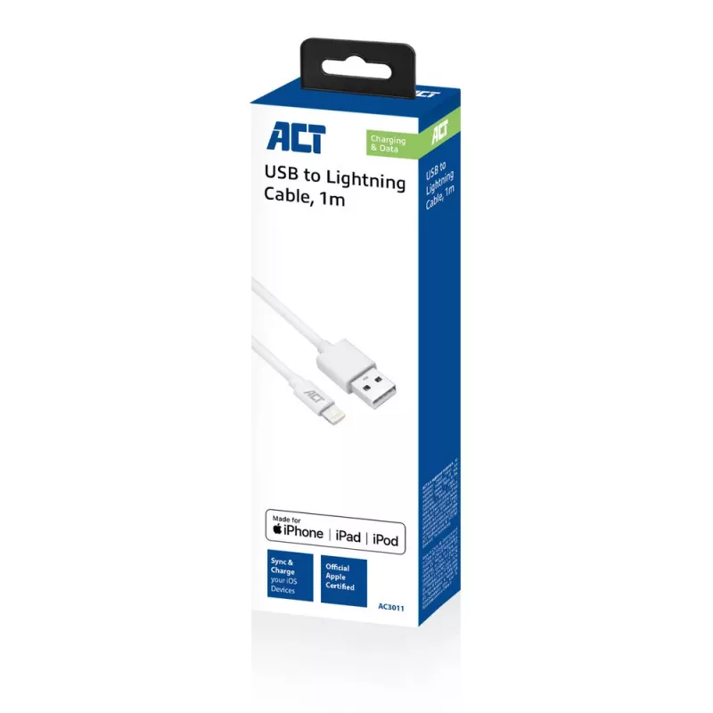 Kabel USB 2.0 do ładowania/transmisji danych ACT, wtyk A męski – wtyk Lightning męski, 1 metr, z certyfikatem MFI
