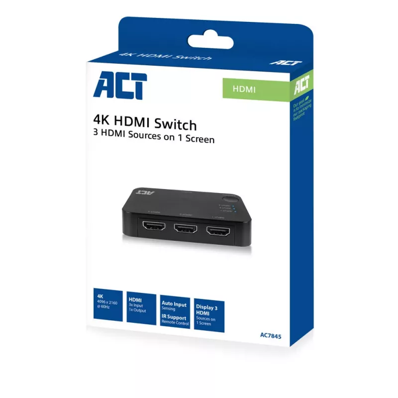 Przełącznik HDMI ACT 4K 3x1 Czarny 60Hz 1920x1080 3840x2160