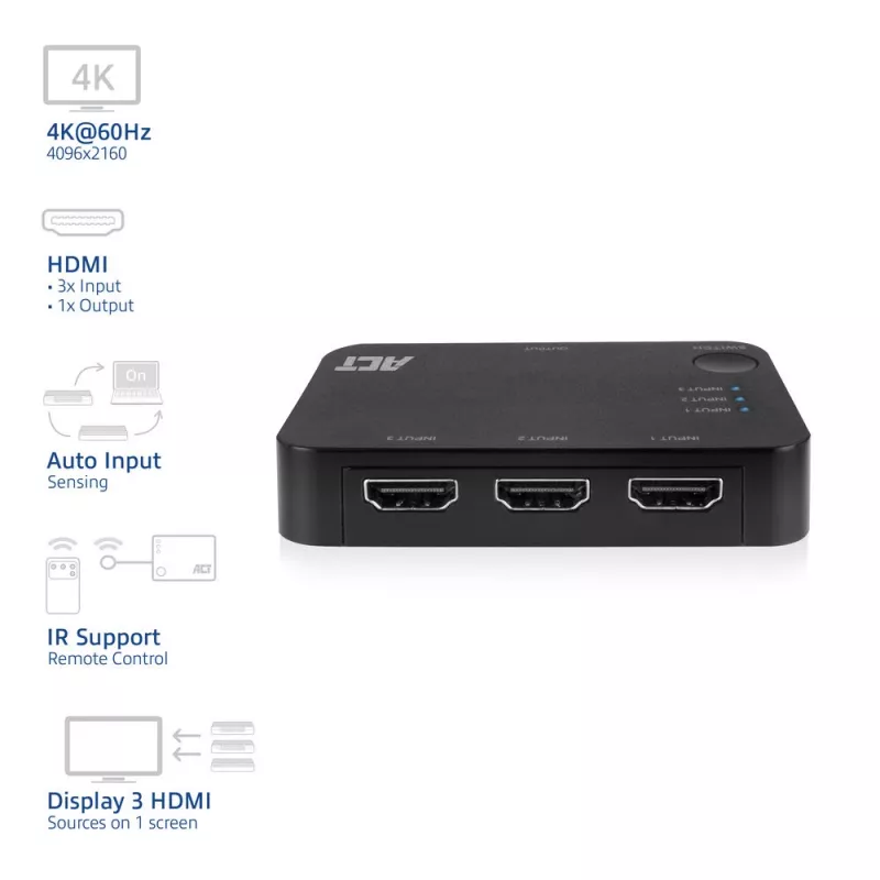 Przełącznik HDMI ACT 4K 3x1 Czarny 60Hz 1920x1080 3840x2160