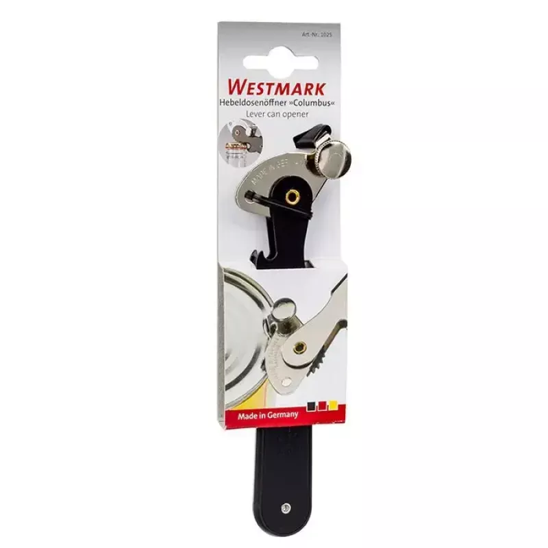 Mechaniczny otwieracz do puszek Westmark Columbus Czarna szczotkowana stal Szerokość 28 mm Głębokość 162 mm Wysokość 28 mm