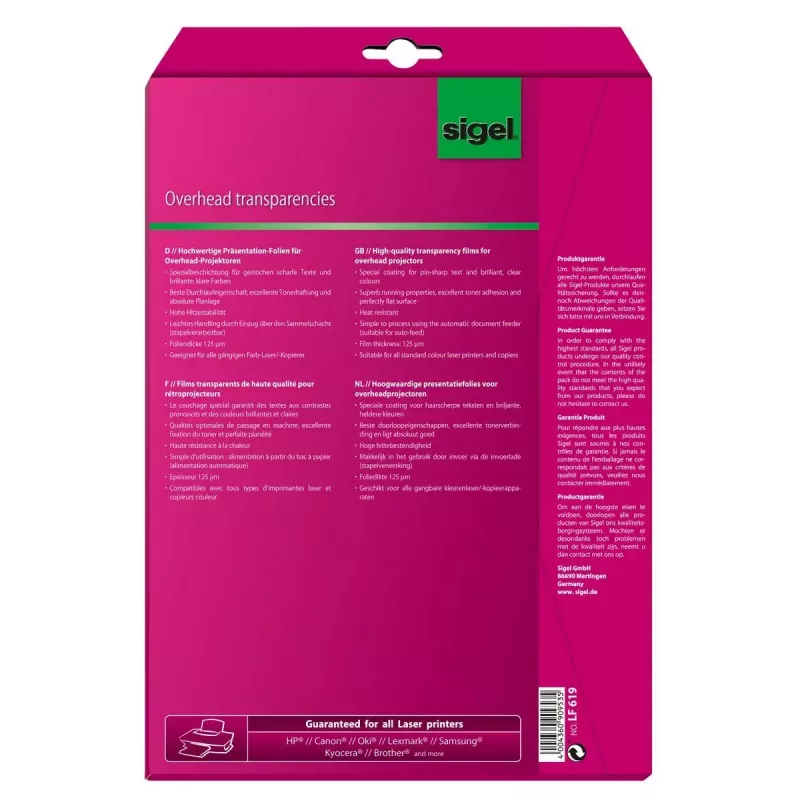 Folie do druku laserowego Sigel LF619 A4 20 arkuszy Transparentny
