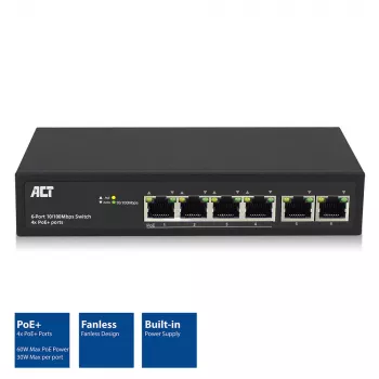 ACT, przełącznik sieciowy, 6 portów, 10/100 Mb/s. 4x port PoE+ (30 W)