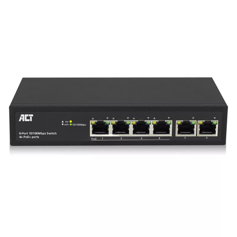 ACT, przełącznik sieciowy, 6 portów, 10/100 Mb/s. 4x port PoE+ (30 W)