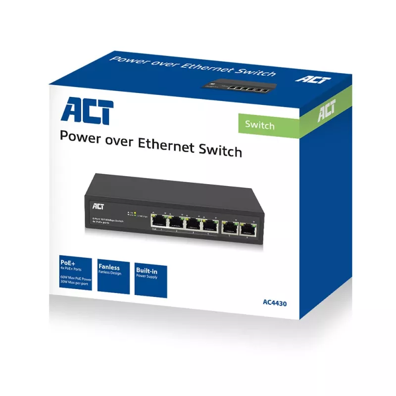 ACT, przełącznik sieciowy, 6 portów, 10/100 Mb/s. 4x port PoE+ (30 W)