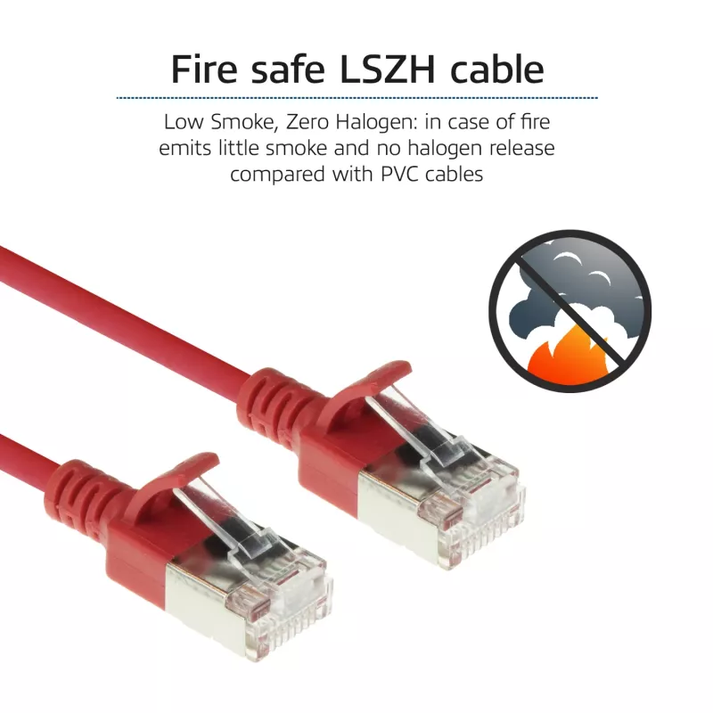 ACT Czerwony 0,5 metra LSZH U/FTP CAT6A cienki kabel krosowy do centrów danych z wtykami RJ45 bez zaczepów