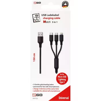Kabel USB 2GO 797153 1,5 m USB B USB C/Micro-USB B/Lightning Czarny