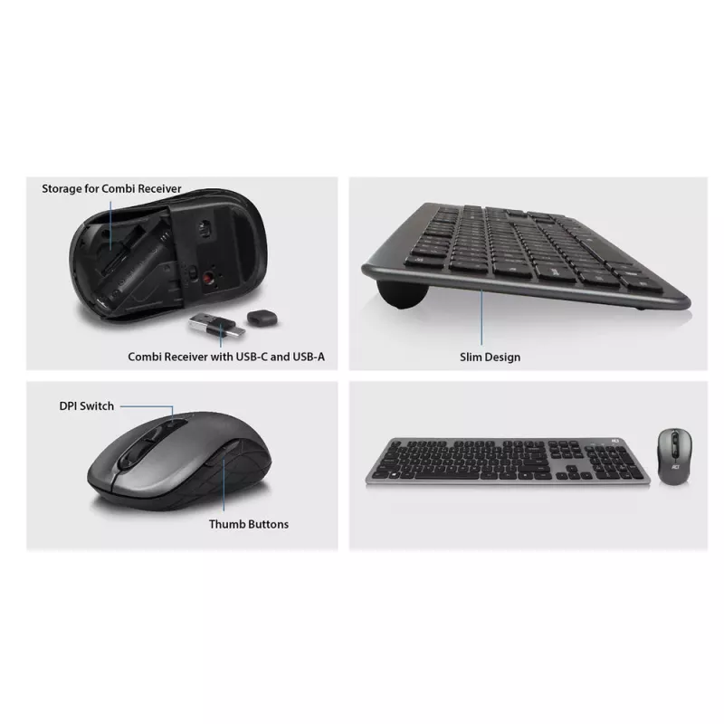 ACT Wireless klawiatura and mysz set, USB-C/USB-A combi receiver (Qwerty/US layout)