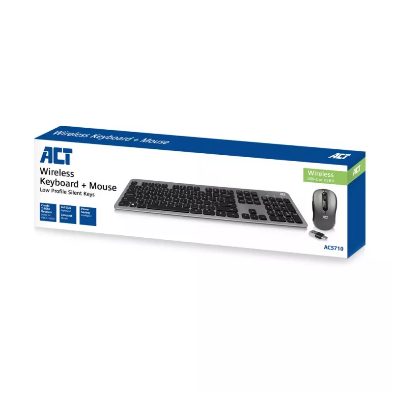 ACT Wireless klawiatura and mysz set, USB-C/USB-A combi receiver (Qwerty/US layout)