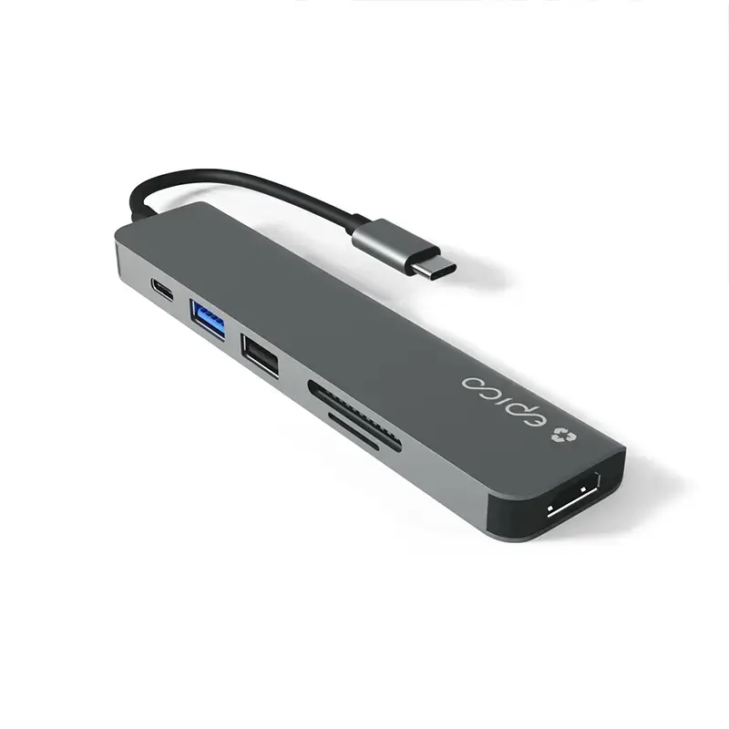 Hub interfejsu Epico 9915112100080 — USB Typu-C host, HDMI, USB 2.0, USB Typu-C, czytnik kart MicroSD/SD, aluminium/TPU, szary