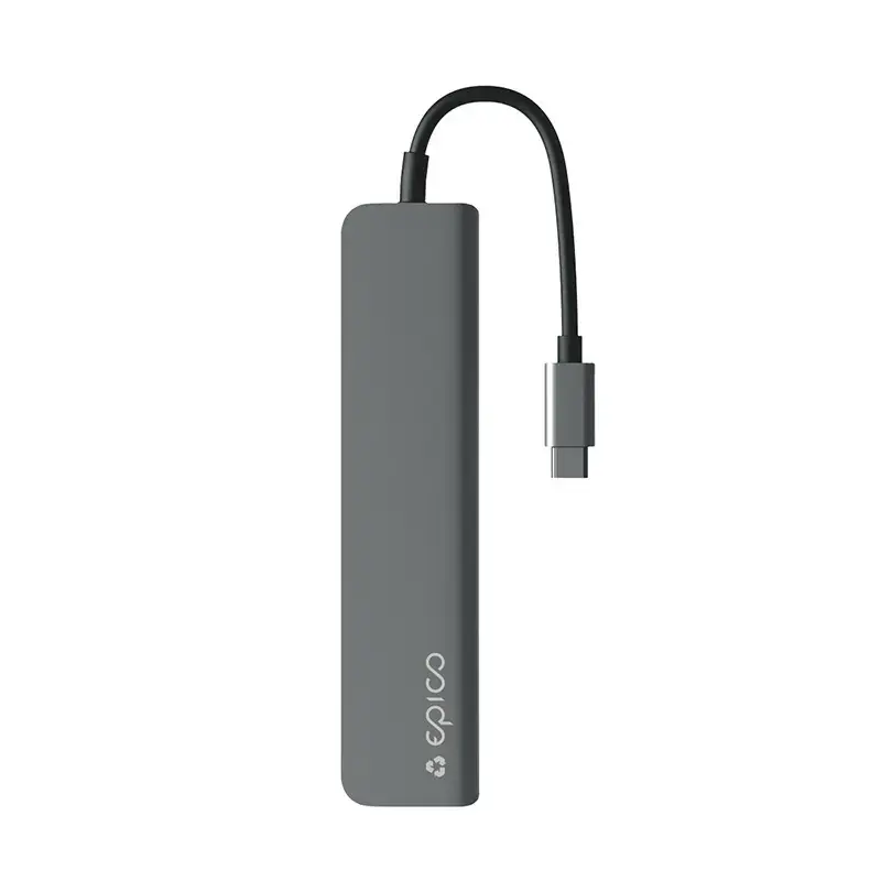 Hub interfejsu Epico 9915112100080 — USB Typu-C host, HDMI, USB 2.0, USB Typu-C, czytnik kart MicroSD/SD, aluminium/TPU, szary