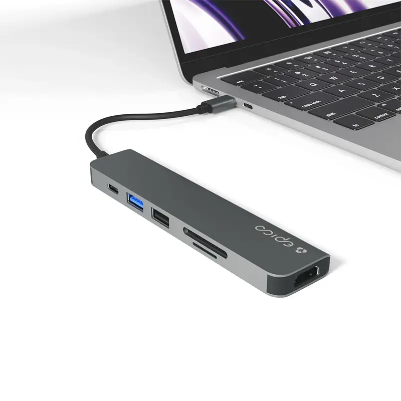Hub interfejsu Epico 9915112100080 — USB Typu-C host, HDMI, USB 2.0, USB Typu-C, czytnik kart MicroSD/SD, aluminium/TPU, szary