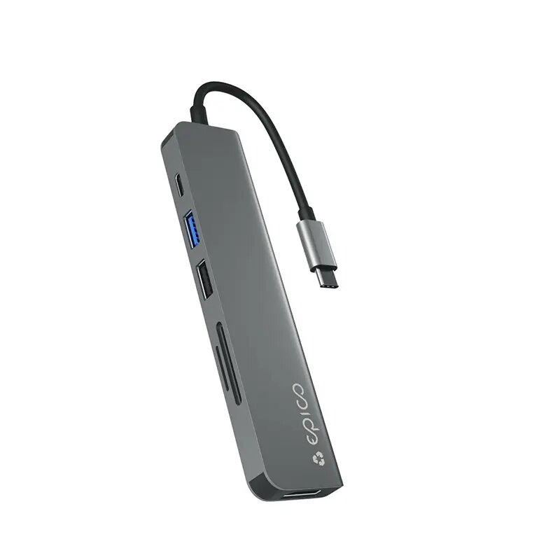 Hub interfejsu Epico 9915112100080 — USB Typu-C host, HDMI, USB 2.0, USB Typu-C, czytnik kart MicroSD/SD, aluminium/TPU, szary