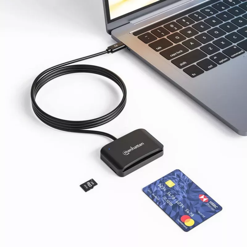 Czytnik kart inteligentnych stykowych Manhattan USB-C z gniazdem MicroSD, męskie złącze USB typu C do interfejsu czytnika stykowego i microSDXC, obsługa Windows, macOS i Linux, odczyt kart SIM z adapterem, kabel 1 m, czarny, trzyletnia gwarancja