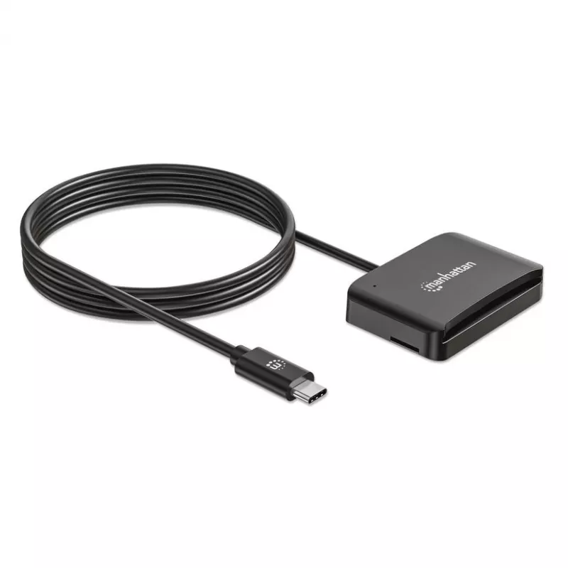 Czytnik kart inteligentnych stykowych Manhattan USB-C z gniazdem MicroSD, męskie złącze USB typu C do interfejsu czytnika stykowego i microSDXC, obsługa Windows, macOS i Linux, odczyt kart SIM z adapterem, kabel 1 m, czarny, trzyletnia gwarancja