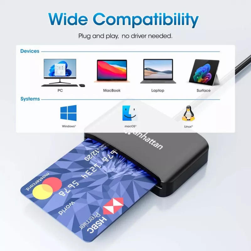 Czytnik kart inteligentnych stykowych Manhattan USB-C z gniazdem MicroSD, męskie złącze USB typu C do interfejsu czytnika stykowego i microSDXC, obsługa Windows, macOS i Linux, odczyt kart SIM z adapterem, kabel 1 m, czarny, trzyletnia gwarancja