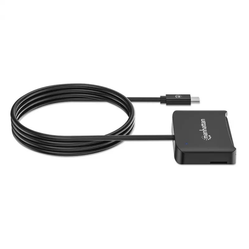 Czytnik kart inteligentnych stykowych Manhattan USB-C z gniazdem MicroSD, męskie złącze USB typu C do interfejsu czytnika stykowego i microSDXC, obsługa Windows, macOS i Linux, odczyt kart SIM z adapterem, kabel 1 m, czarny, trzyletnia gwarancja
