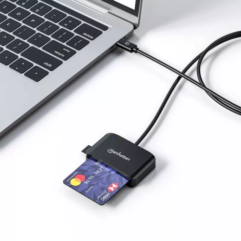 Czytnik kart inteligentnych stykowych Manhattan USB-C z gniazdem MicroSD, męskie złącze USB typu C do interfejsu czytnika stykowego i microSDXC, obsługa Windows, macOS i Linux, odczyt kart SIM z adapterem, kabel 1 m, czarny, trzyletnia gwarancja