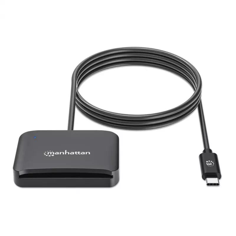 Czytnik kart inteligentnych stykowych Manhattan USB-C z gniazdem MicroSD, męskie złącze USB typu C do interfejsu czytnika stykowego i microSDXC, obsługa Windows, macOS i Linux, odczyt kart SIM z adapterem, kabel 1 m, czarny, trzyletnia gwarancja