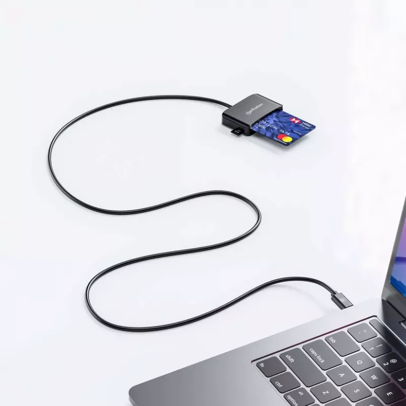 Czytnik kart inteligentnych stykowych Manhattan USB-C z gniazdem MicroSD, męskie złącze USB typu C do interfejsu czytnika stykowego i microSDXC, obsługa Windows, macOS i Linux, odczyt kart SIM z adapterem, kabel 1 m, czarny, trzyletnia gwarancja