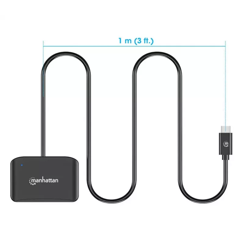 Czytnik kart inteligentnych stykowych Manhattan USB-C z gniazdem MicroSD, męskie złącze USB typu C do interfejsu czytnika stykowego i microSDXC, obsługa Windows, macOS i Linux, odczyt kart SIM z adapterem, kabel 1 m, czarny, trzyletnia gwarancja