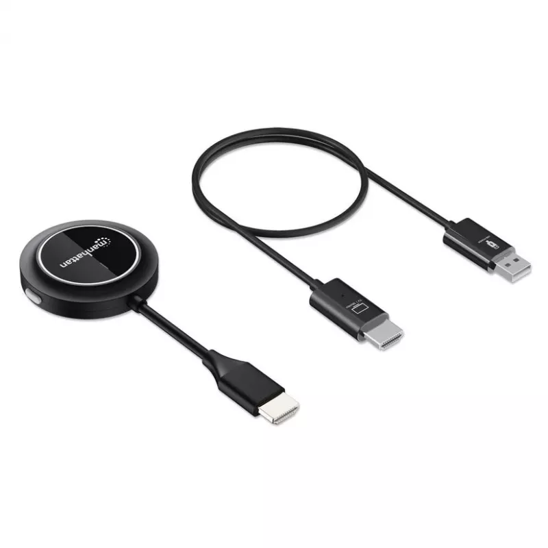 Manhattan 1080p Bezprzewodowy zestaw prezentacyjny HDMI, zestaw 2-częściowy z odbiornikiem HDMI i nadajnikiem HDMI do bezprzewodowego wyświetlania sygnału wideo z laptopa/tabletu/smartfona na telewizorze lub projektorze HDMI, czarny