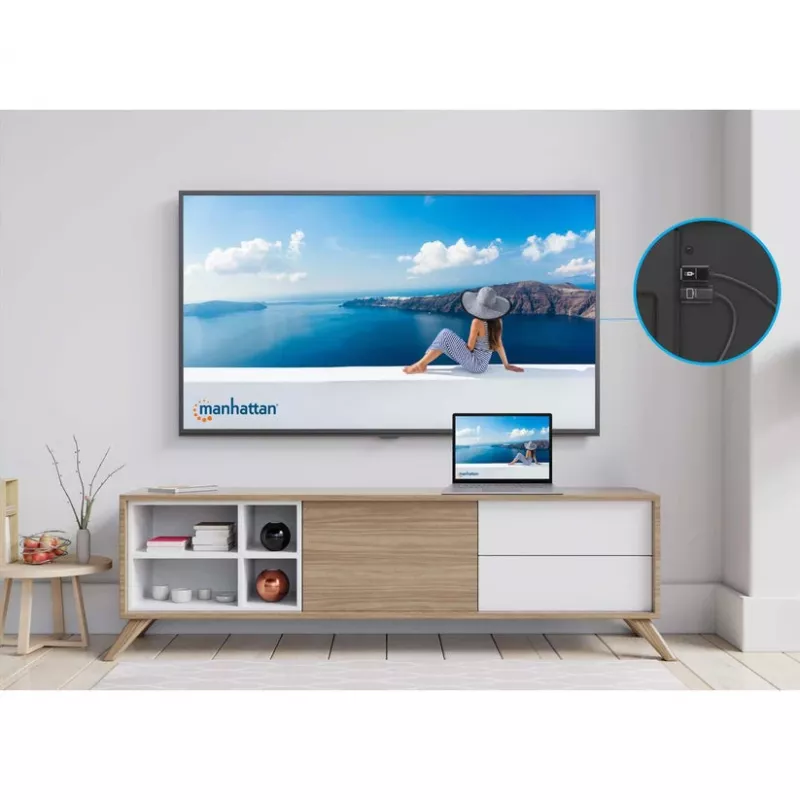 Manhattan 1080p Bezprzewodowy zestaw prezentacyjny HDMI, zestaw 2-częściowy z odbiornikiem HDMI i nadajnikiem HDMI do bezprzewodowego wyświetlania sygnału wideo z laptopa/tabletu/smartfona na telewizorze lub projektorze HDMI, czarny