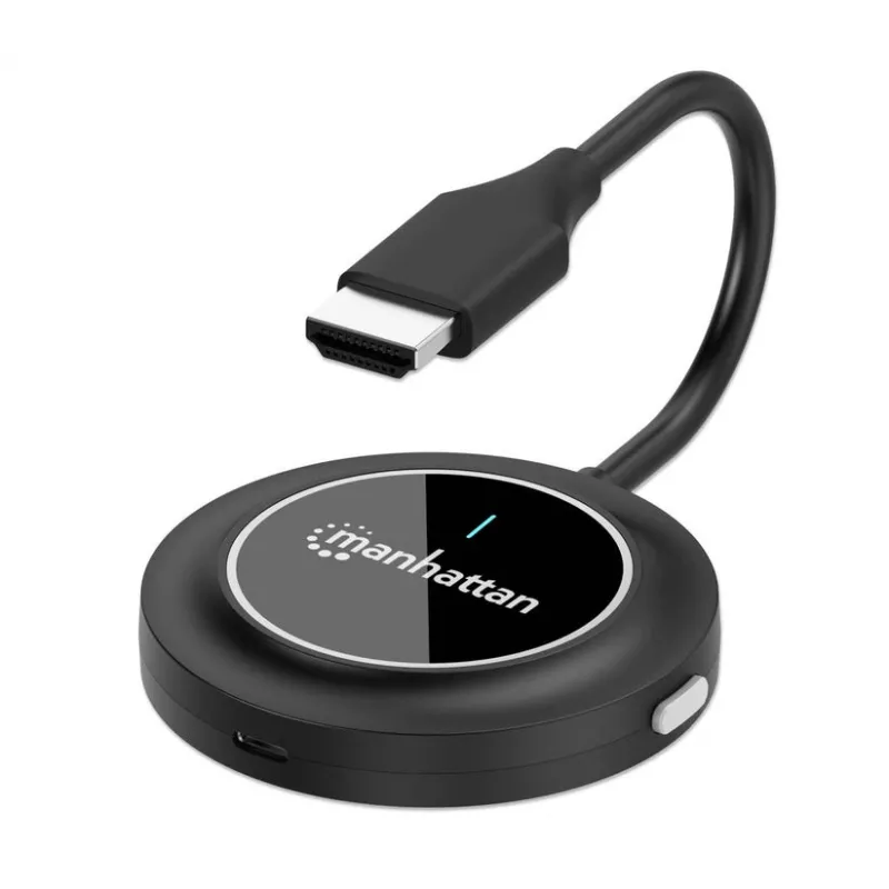 Manhattan 1080p Bezprzewodowy zestaw prezentacyjny HDMI, zestaw 2-częściowy z odbiornikiem HDMI i nadajnikiem HDMI do bezprzewodowego wyświetlania sygnału wideo z laptopa/tabletu/smartfona na telewizorze lub projektorze HDMI, czarny