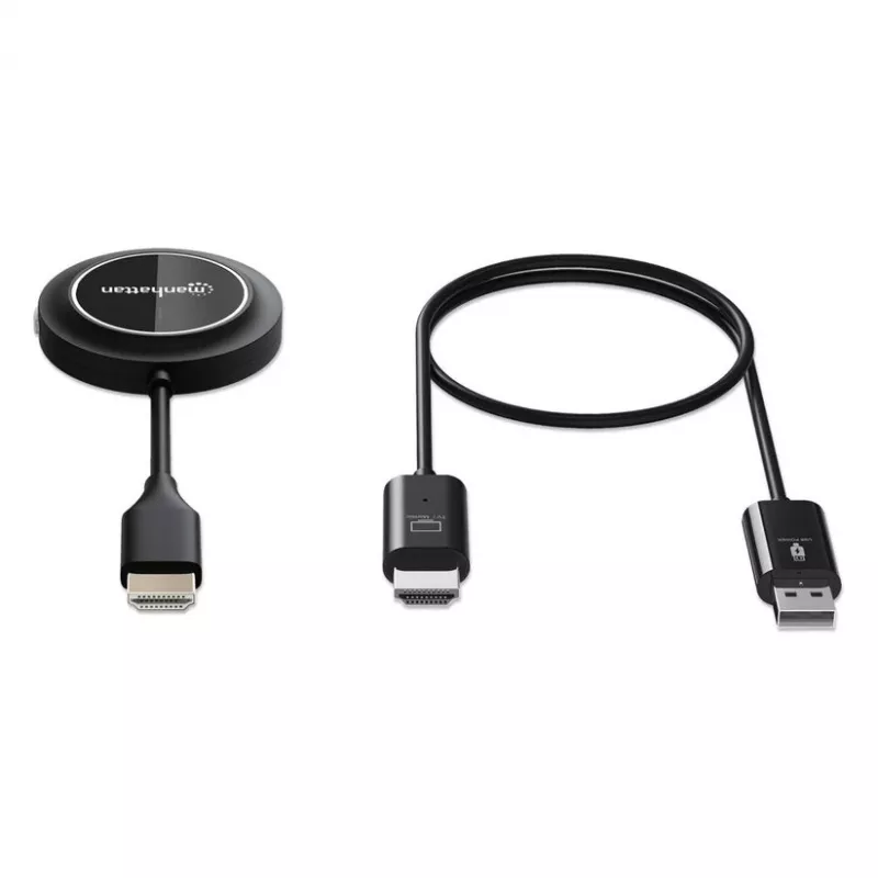 Manhattan 1080p Bezprzewodowy zestaw prezentacyjny HDMI, zestaw 2-częściowy z odbiornikiem HDMI i nadajnikiem HDMI do bezprzewodowego wyświetlania sygnału wideo z laptopa/tabletu/smartfona na telewizorze lub projektorze HDMI, czarny