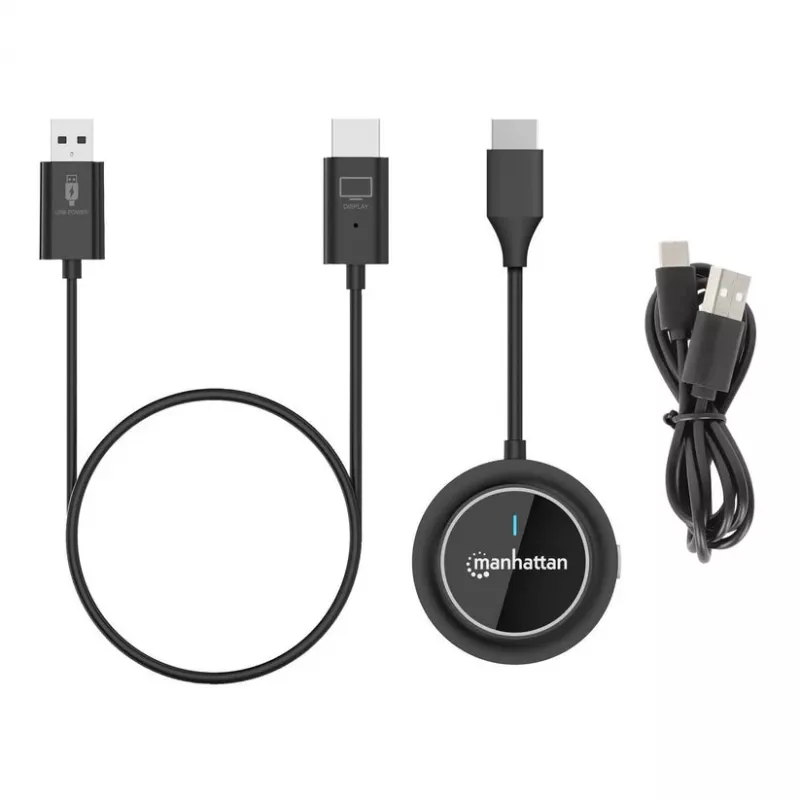 Manhattan 1080p Bezprzewodowy zestaw prezentacyjny HDMI, zestaw 2-częściowy z odbiornikiem HDMI i nadajnikiem HDMI do bezprzewodowego wyświetlania sygnału wideo z laptopa/tabletu/smartfona na telewizorze lub projektorze HDMI, czarny