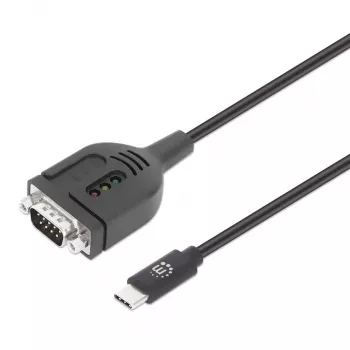 Kabel konwertera Manhattan USB-C na szeregowy, 1 m, męski na męski, szeregowy/RS232/COM/DB9, układ Prolific PL2303GT, czarny kabel, trzyletnia gwarancja