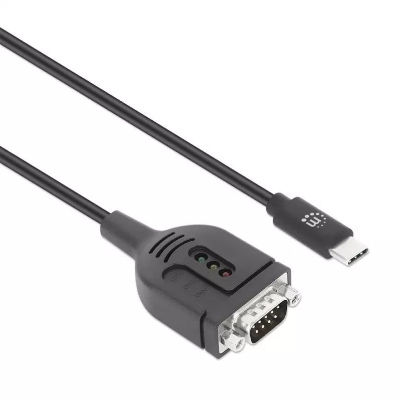 Kabel konwertera Manhattan USB-C na szeregowy, 1 m, męski na męski, szeregowy/RS232/COM/DB9, układ Prolific PL2303GT, czarny kabel, trzyletnia gwarancja
