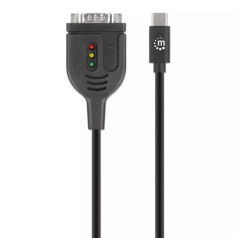 Kabel konwertera Manhattan USB-C na szeregowy, 1 m, męski na męski, szeregowy/RS232/COM/DB9, układ Prolific PL2303GT, czarny kabel, trzyletnia gwarancja