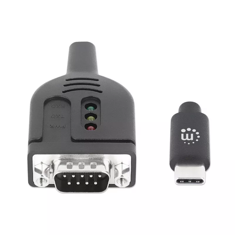Kabel konwertera Manhattan USB-C na szeregowy, 1 m, męski na męski, szeregowy/RS232/COM/DB9, układ Prolific PL2303GT, czarny kabel, trzyletnia gwarancja