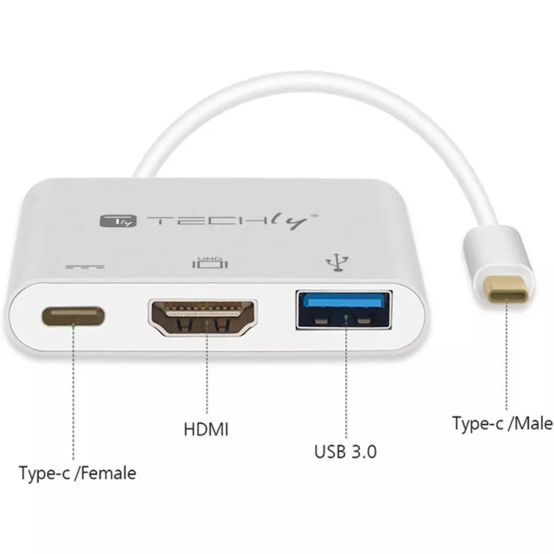 Techly IADAP USB31-HDMIPTY stacja dokująca/replikator portów do laptopa Przewodowa USB 3.2 Gen 1 (3.1 Gen 1) Type-C Srebrny