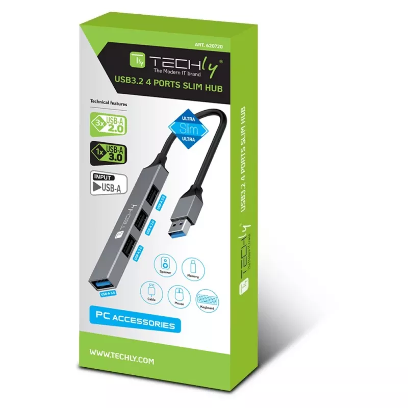 Techly IUSB32-HUB4A-3U2SLS stacja dokująca/replikator portów do laptopa Przewodowa USB 3.2 Gen 1 (3.1 Gen 1) Typ-A Szary