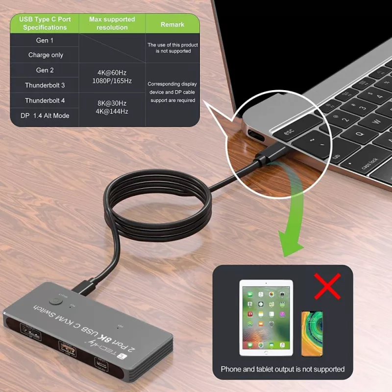 Techly IDATA KVM-DPC8K Przełącznik KVM Szary