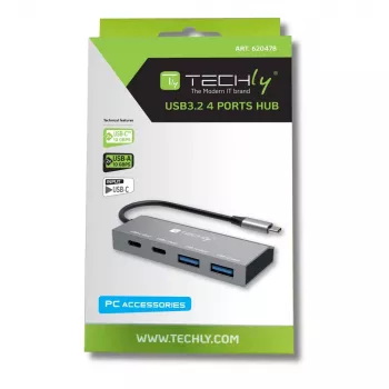 Techly IUSB32C-HUB4AC2 stacja dokująca/replikator portów do laptopa Przewodowa USB 3.2 Gen 1 (3.1 Gen 1) Type-C Srebrny