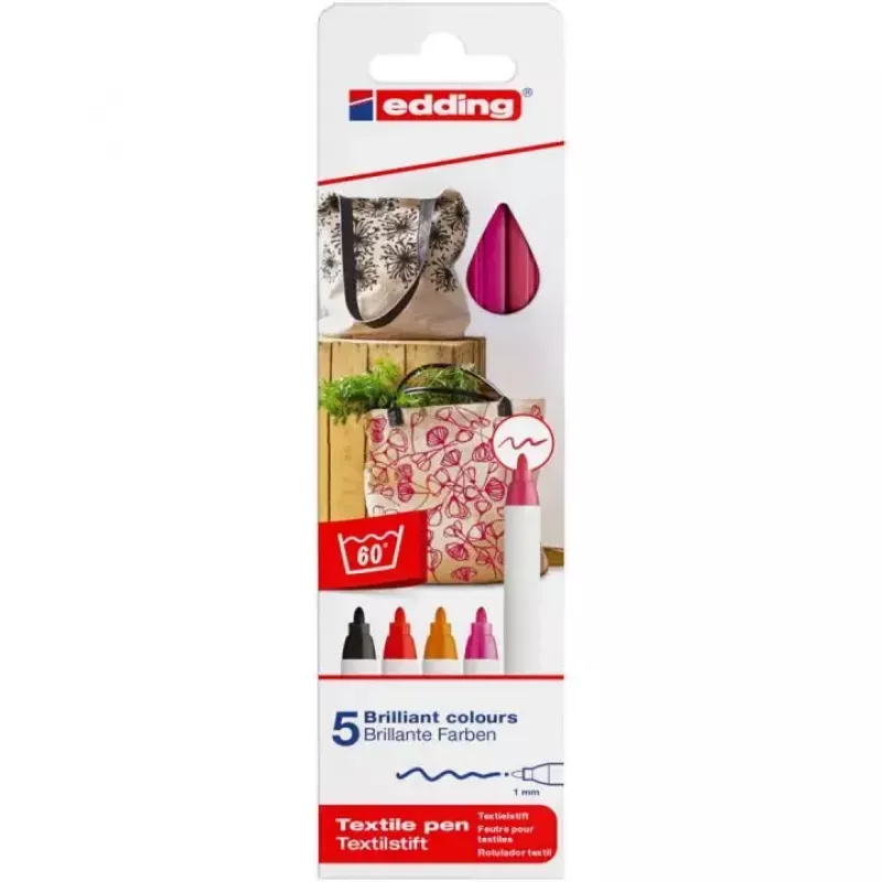 Felt pensy Edding 4600 zestaw — 5 kolorów (czarny, karmazynowy, pomarańczowy, różowy, czerwony), końcówka okrągła