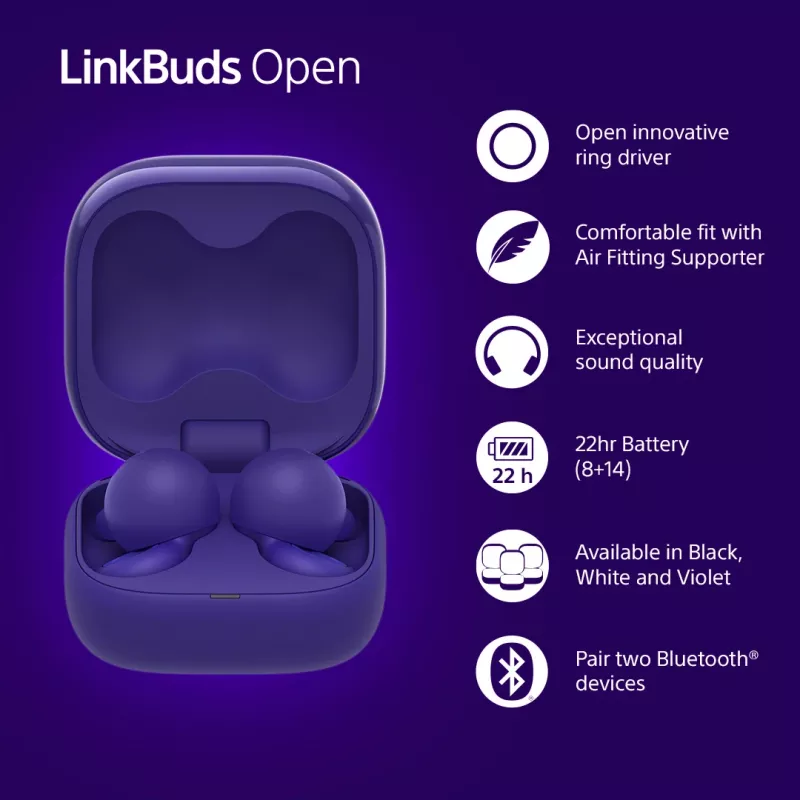 Sony LinkBuds Open WFL910V słuchawki/zestaw słuchawkowy Bezprzewodowe Douszne Połączenia/Muzyka Bluetooth Fioletowy