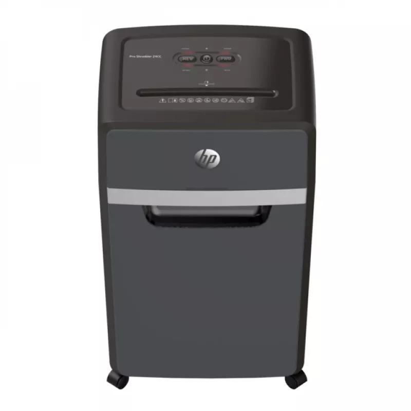 Niszczarka HP Pro Shredder 24CC — cięcie cząsteczkowe, pojemność 24 arkusze, 4 x 35 mm, kosz 30 L, 680 W, podajnik 220 mm, Czarny
