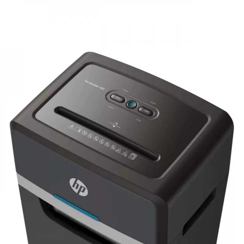 Niszczarka HP Pro Shredder 24CC — cięcie cząsteczkowe, pojemność 24 arkusze, 4 x 35 mm, kosz 30 L, 680 W, podajnik 220 mm, Czarny