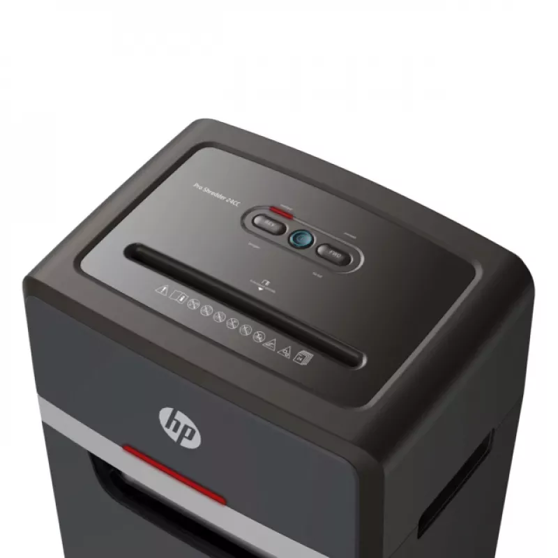 Niszczarka HP Pro Shredder 24CC — cięcie cząsteczkowe, pojemność 24 arkusze, 4 x 35 mm, kosz 30 L, 680 W, podajnik 220 mm, Czarny