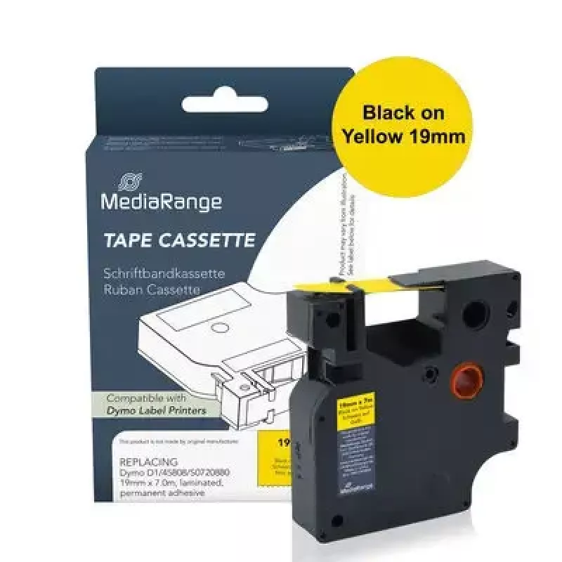 Taśma etykietująca MediaRange MRDY45808 Czarny na żółtym D1 — 19 mm x 7 m, trwały klej akrylowy