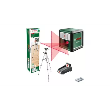 Poziomica laserowa Bosch Quigo Plus Uni 0603663602 — kompaktowe wyznaczanie linii krzyżowych z dołączonym statywem