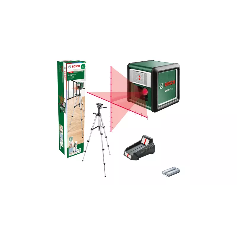 Poziomica laserowa Bosch Quigo Plus Uni 0603663602 — kompaktowe wyznaczanie linii krzyżowych z dołączonym statywem