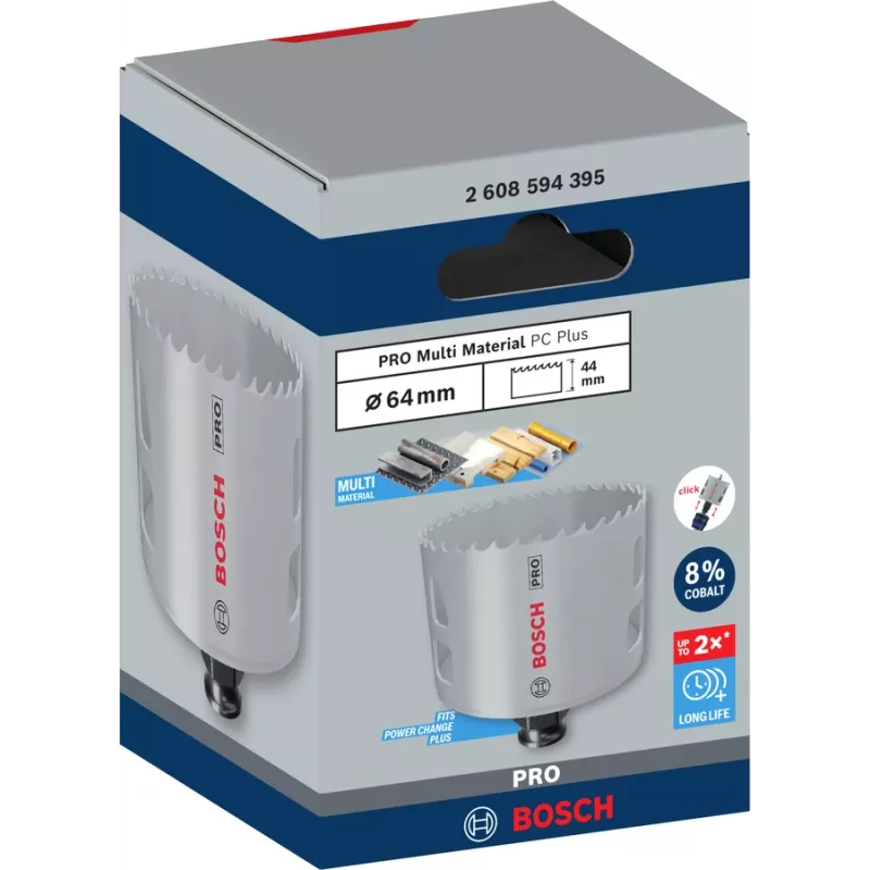 Otwornica Bosch PRO Multi Material PC Plus 44/64 mm — Pojedyncza, średnica 44–64 mm, do wiertarki, płyty gipsowe/metal/tworzywa sztuczne/drewno miękkie