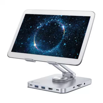 Techly 8-w-1 USB-C Hub stacja dokująca stojak na tablet, Stojak na tablet, Srebrny, Aluminium, 360°, USB 3.2 Gen 1 (3.1 Gen 1) Type-C, 5000 Mbit/s